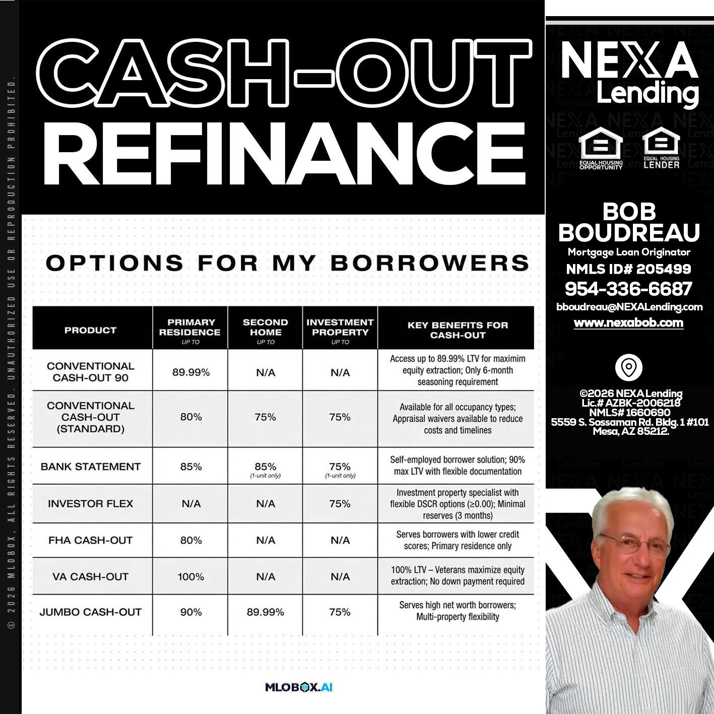 CASH OUT - Bob Boudreau -Mortgage Loan Originator