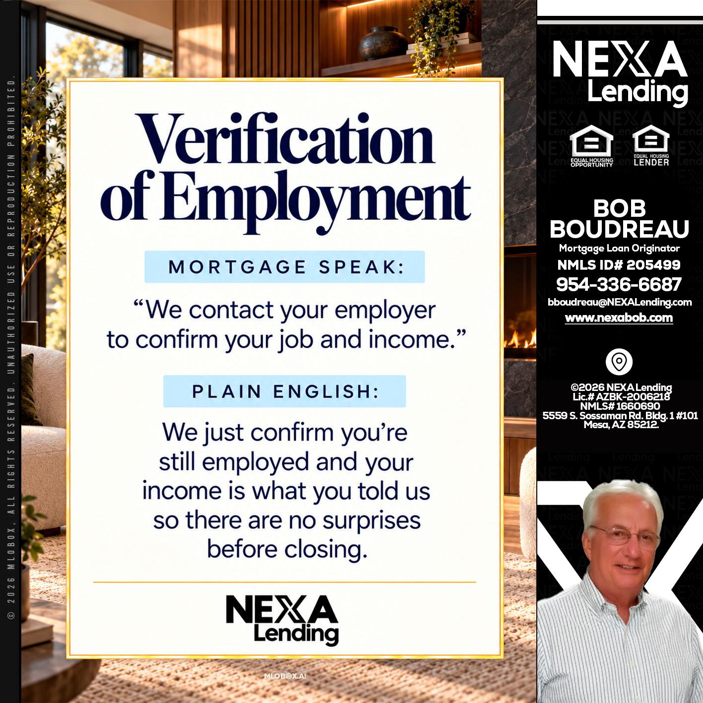 VERIFICATION OF EMPLOYMENT - Bob Boudreau -Mortgage Loan Originator